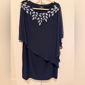 Xscape Navy Cocktail Dress with Silver Sequin Leaves